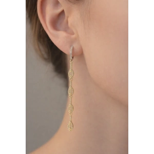 Altın Ve Gümüş Renk Taş Detaylı Sallantılı 14K Altın Kaplama Küpe (Çift)