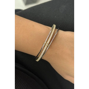 Altın Ve Gümüş Renk Taş Detaylı Üçlü Bilezik