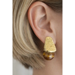 Altın Ve Kahve Renk Taş Detaylı Küpe (Çift)