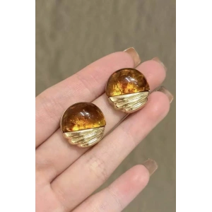 Altın Ve Kahve Renk Taş Detaylı Küpe (Çift)