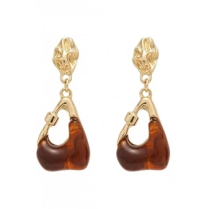 Altın Ve Kahve Renk Taş Detaylı Küpe (Çift)