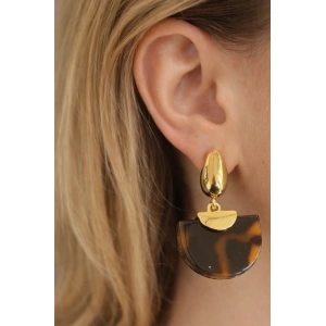 Altın Ve Kahve Renk Taş Detaylı Küpe (Çift)