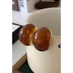 Altın Ve Kahve Renk Taş Detaylı Küpe (Çift)