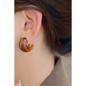 Altın Ve Kahve Renk Taş Detaylı Küpe (Çift)