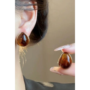 Altın Ve Kahve Renk Taş Detaylı Küpe (Çift)