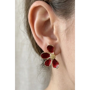 Altın Ve Kırmızı Renk Çiçek Figürlü Küpe (Çift)