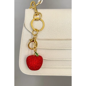 Altın Ve Kırmızı Renk Elma Figürlü Taş Detaylı Çanta Charm/ Anahtarlık