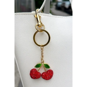 Altın Ve Kırmızı Renk Kiraz Figürlü Taş Detaylı Çanta Charm/ Anahtarlık