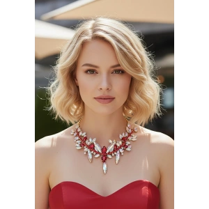 Altın Ve Kırmızı Renk Taş Detaylı Tasarım Abiye Kolye