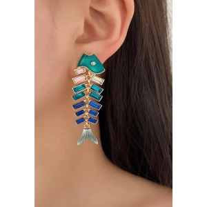 Altın Ve Mavi Renk Balık Figürlü Taş Detaylı Küpe (Çift)