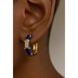 Altın Ve Mavi Renk Taş Detaylı YSX Küpe (Çift)