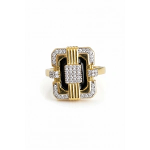 Altın Ve Siyah Renk Taş Detaylı 14K Altın Kaplama Ayarlanabilir Yüzük