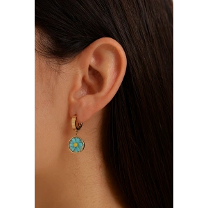 Altın Ve Turkuaz Renk Çiçek Figürlü Çelik Küpe (Çift)