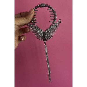 Antrasit Renk Melek Kanadı Figürlü İnci Ve Taş Detaylı Topuz Toka