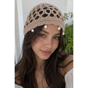 Bej Renk İnci Detaylı Örgü Saç Bandana
