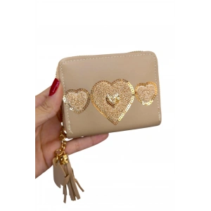 Bej Renk Kalp Detaylı Deri Kadın Cüzdan
