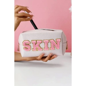 Bej Renk Skın Yazılı Makyaj Çantası