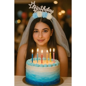Beyaz Renk Birthday Princess Yazılı Çiçek Figürlü Duvak Detaylı Taç