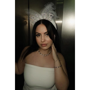 Beyaz Renk Bride Yazılı İnci Detaylı Tüllü Gelin Taç