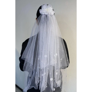 Beyaz Renk Çiçek Figürlü İnci Detaylı Prenses Duvak