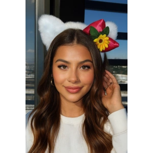 Beyaz Renk Çiçek Figürlü Kulak Detaylı Peluş Taç