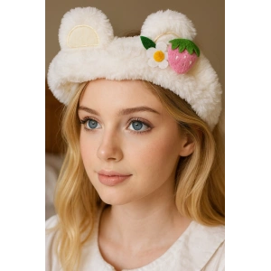 Beyaz Renk Çilek Figürlü Peluş Saç Bandı