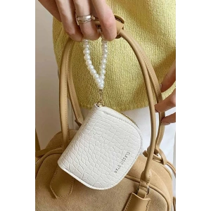 Beyaz Renk İnci Detaylı Deri Kadın Cüzdan/Kartlık