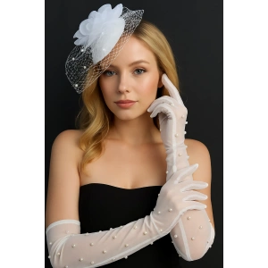 Beyaz Renk İnci Ve Tül Detaylı Şık Uzun Gelin Eldiveni Nikah/Düğün/Parti/Kostüm Eldiveni