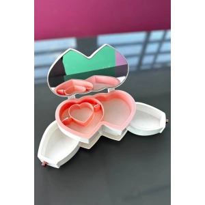 Beyaz Renk Kalp Figürlü Aynalı Çekmeceli Takı Organizeri