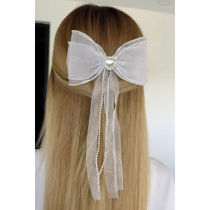 Beyaz Renk Kalp Figürlü İnci Detaylı Kurdele Otomat Toka