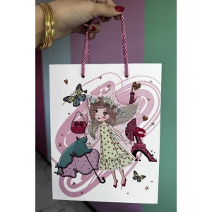 Beyaz Renk Kız Figürlü 3D Görünümlü Karton Çanta