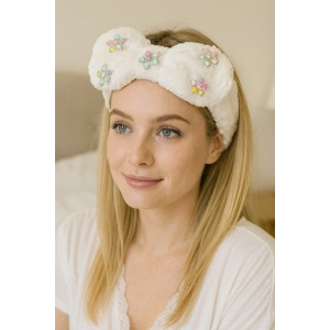 Beyaz Renk Kurdele Figürlü Çiçek Detaylı Peluş Saç Bandı