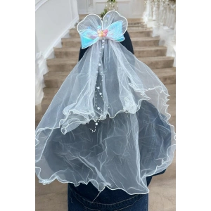 Beyaz Renk Kurdele Figürlü Duvak Detaylı Yan Toka