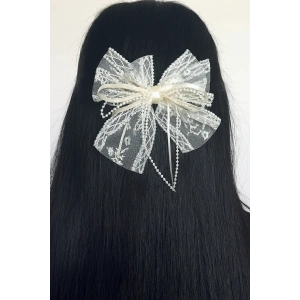 Beyaz Renk Kurdele Figürlü İnci Detaylı Otomat Toka