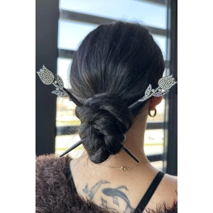 Beyaz Renk Lale Figürlü Taş Detaylı Topuz Tokası/ Kalemi