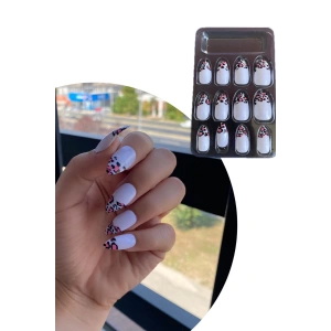 Beyaz Renk Leopar Desenli 12li Takma Takma Tırnak (Yapıştırıcılı)