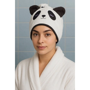 Beyaz Renk Panda Figürlü Saç Havlusu/ Bonesi Lastikli