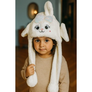 Beyaz Renk Tavşan Figürlü Kulakları Oynayan Peluş Şapka