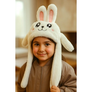 Beyaz Renk Tavşan Figürlü Kulakları Oynayan Peluş Şapka