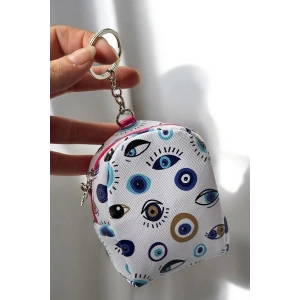 Beyaz Ve Mavi Renk Nazar Boncuğu Figürlü Anahtarlık Cüzdan