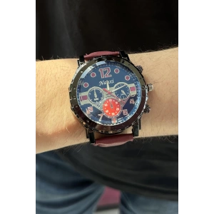 Bordo Renk Deri Kordonlu Çelik Erkek Saat