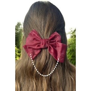 Bordo Renk Kurdele Figürlü İnci Detaylı Otomat Toka