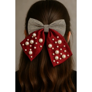 Bordo Renk Kurdele Figürlü İnci Ve Taş Detaylı Otomat Toka