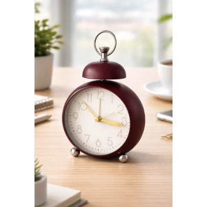 Bordo Renk Mini Dekoratif Işıklı Alarmlı Yuvarlak Masa Saati