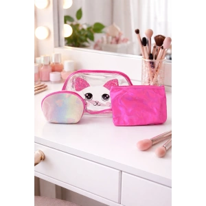 Fuşya Renk 3lü Makyaj Çantası