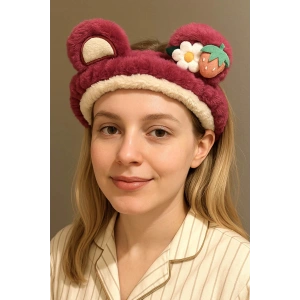 Fuşya Renk Çilek Ve Çiçek Figürlü Kulak Detaylı Peluş Saç Bandı