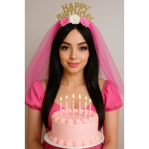 Fuşya Renk Happy Birthday Yazılı Çiçek Figürlü Tül Detaylı Taç