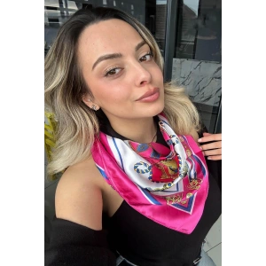 Fuşya Renk Karışık Desenli Saten Şal/Fular
