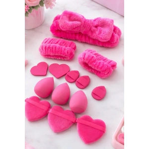 Fuşya Renk Kurdele Figürlü Su Emici Havlu Bileklik/Saç Bandı/Makyaj Süngeri Set