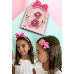 Fuşya Renk Kurdele Figürlü Taç Ve Yan Toka Set